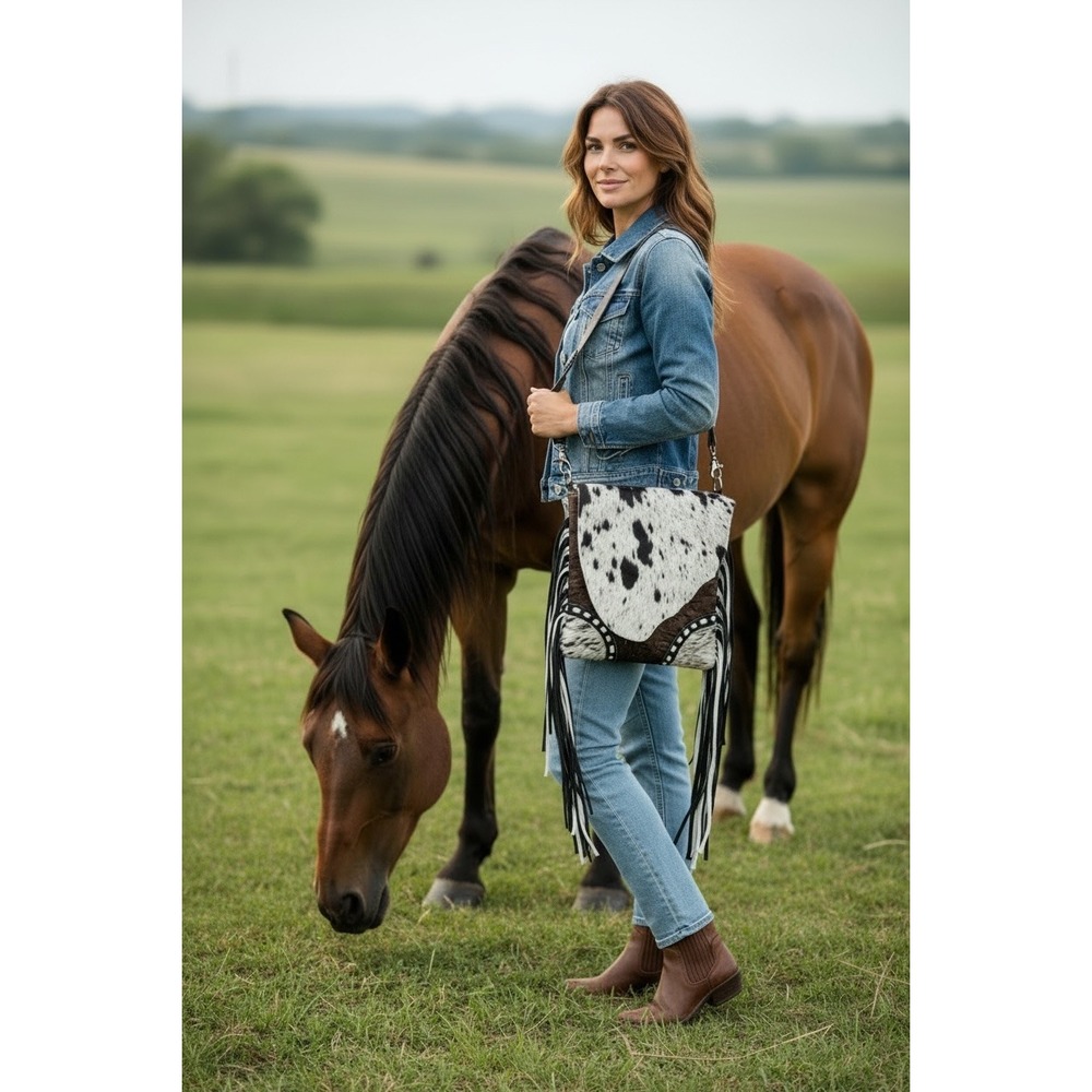 Myra Bag Cowhide Hair-on-Hide Fringe Crossbody Bag Western Boho
